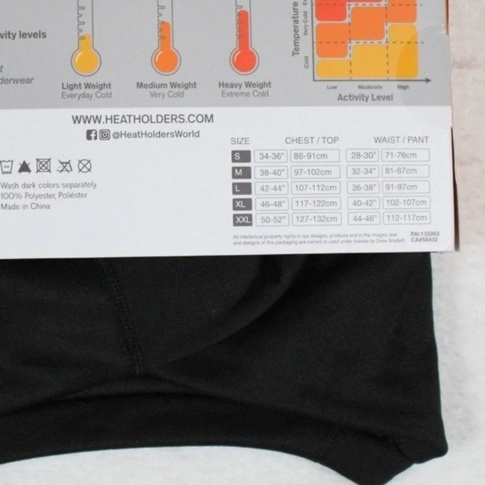Heat Holders Lite Thermal Underwear Long Sleeve Crew Top Black Mens Large 42-44